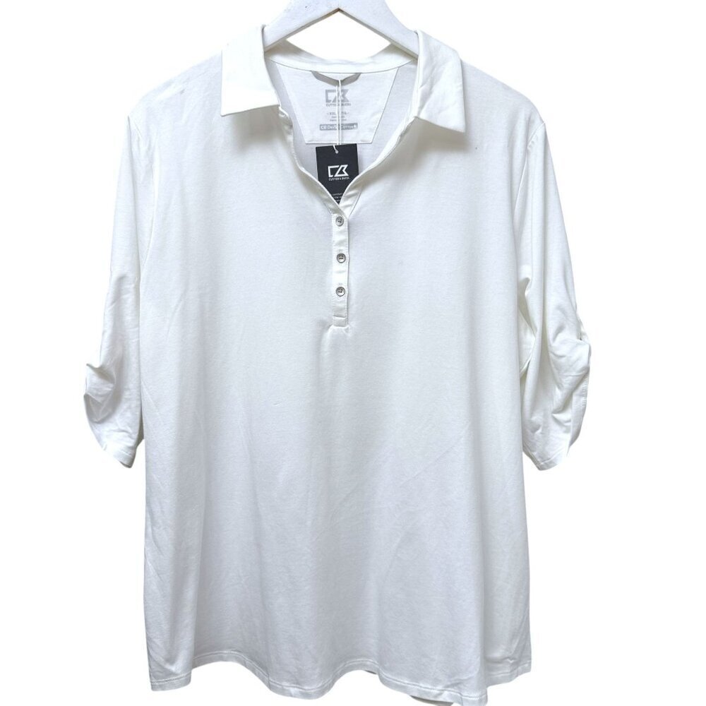 NEW Cutter & Buck White Polo Shirt Womens XXL Elbow Sleeve Drytec Cotton Top NWT